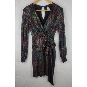 Sz M Evening Wrap Mini Dress Long Sleeve Colorful Sequins Date Night Party Club